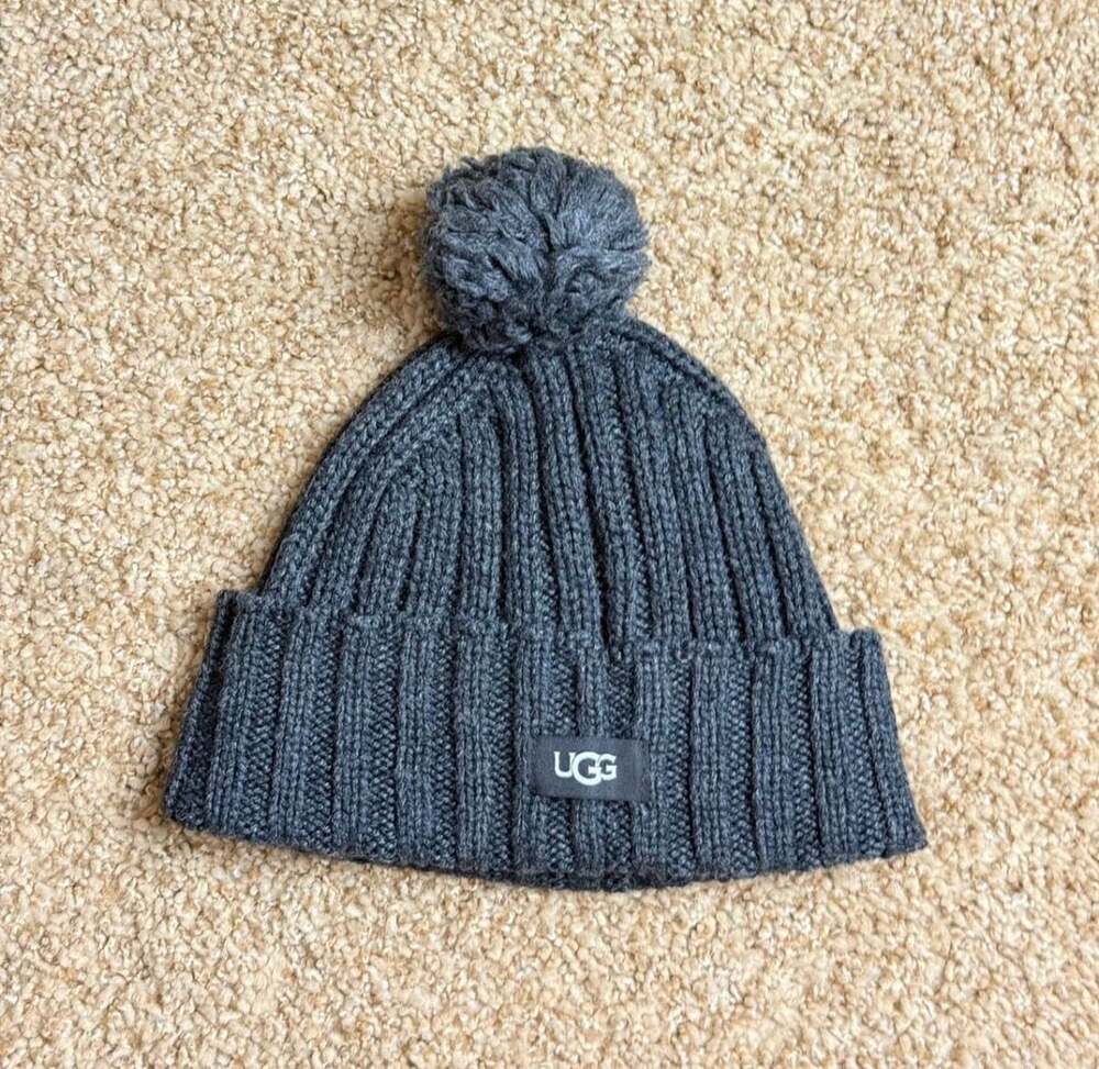 Ugg Rib Knit Pom Beanie Os/Tu Dark Gray Wool Blend